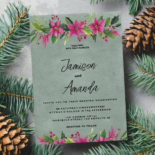 Mauve green pink winter floral Christmas Wedding Invitation