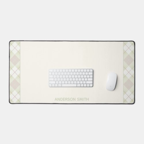 Mauve Green Plaid Trim on Light Yellow with Name Desk Mat