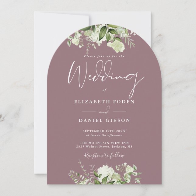 Mauve Greenery Floral Arch All In One Wedding Invitation (Front)