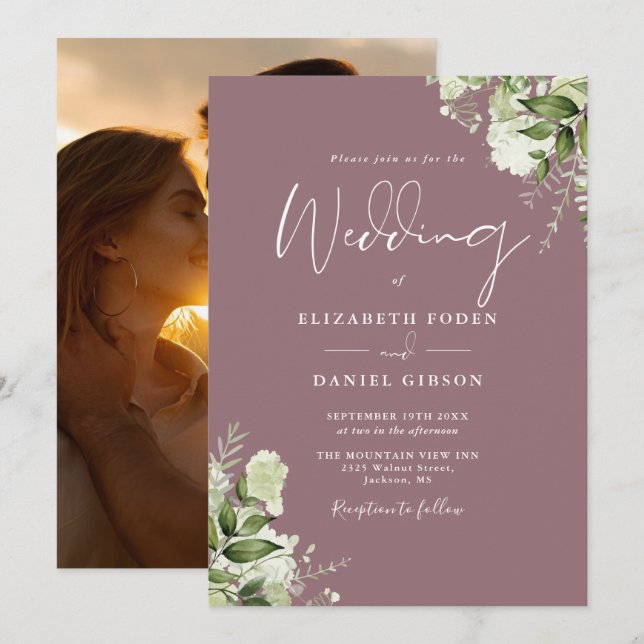 Mauve Greenery Floral Elegant Photo Wedding Invitation (Front/Back)