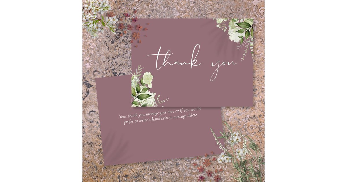 Mauve Greenery Floral Elegant Script Thank You Card | Zazzle