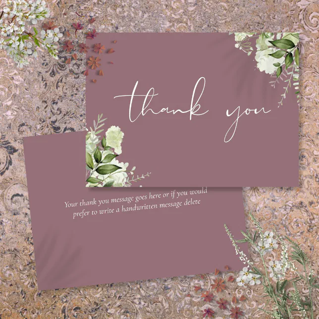 Mauve Greenery Floral Elegant Script Thank You Card | Zazzle