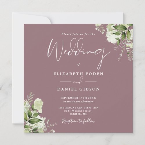 Mauve Greenery Floral Monogram Square Wedding Invitation