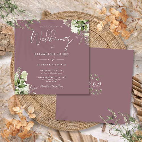 Mauve Greenery Floral Monogram Square Wedding Invitation