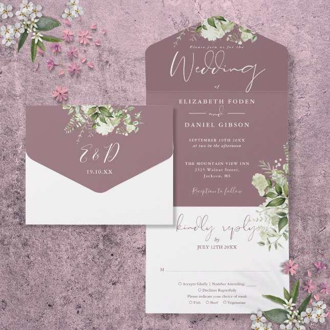 Mauve Greenery Floral Monogram Wedding All In One Invitation (Mauve Greenery Floral Monogram Wedding All In One Invitation)