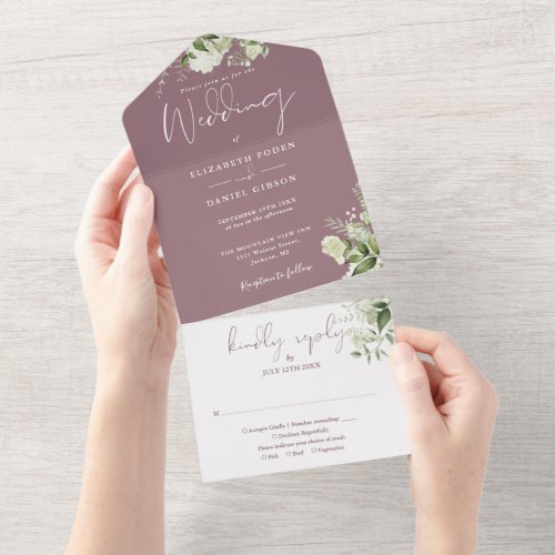 Mauve Greenery Floral Monogram Wedding All In One Invitation