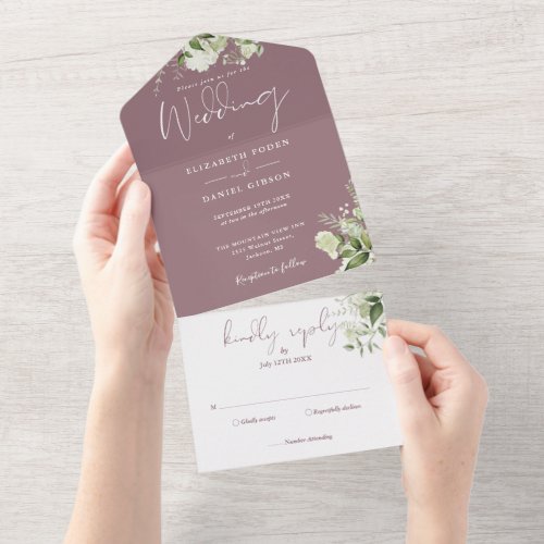 Mauve Greenery Floral Monogram Wedding All In One Invitation