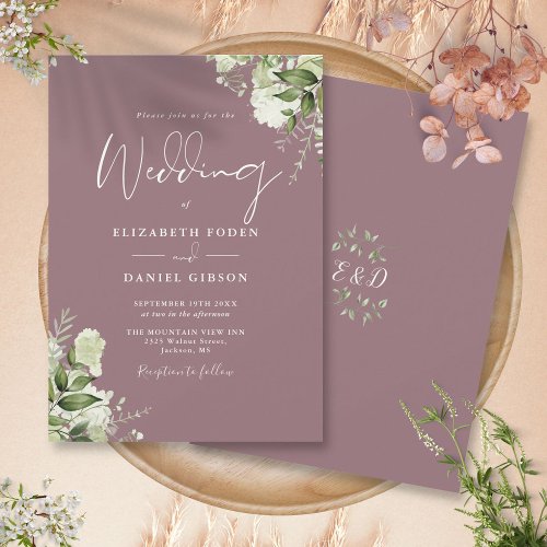 Mauve Greenery Floral Monogram Wedding Invitation