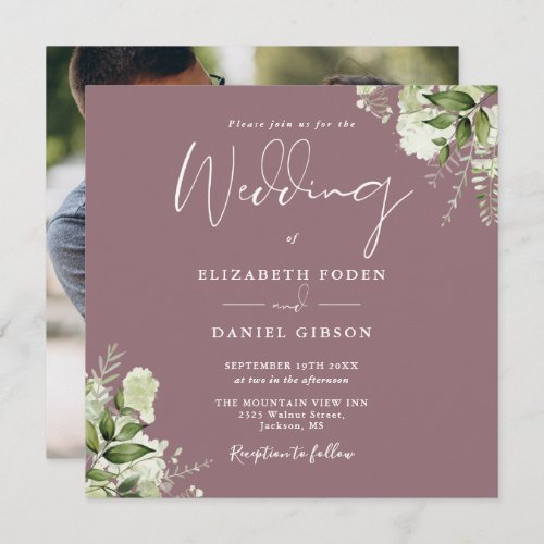 Mauve Greenery Floral Photo Square Wedding Invitation