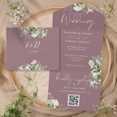Mauve Greenery Floral QR Code Monogram Wedding All In One Invitation