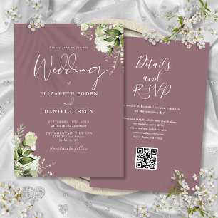 Mauve Greenery Floral QR Code Wedding Invitation