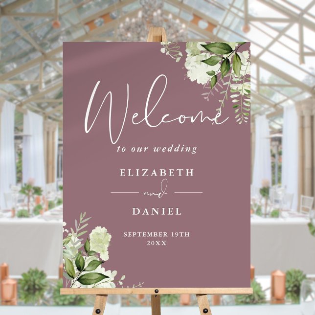 Mauve Greenery Floral Wedding Welcome Sign (Mauve Greenery Floral Wedding Welcome Sign)