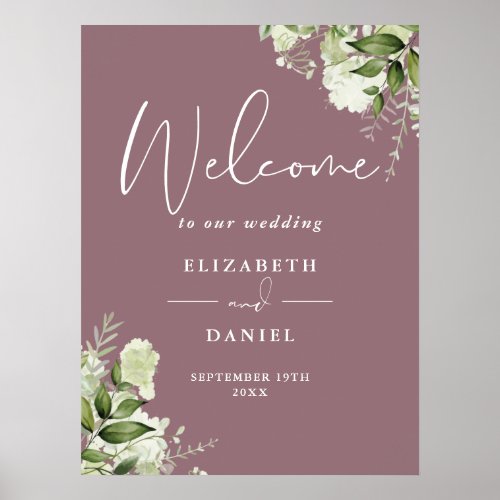 Mauve Greenery Floral Wedding Welcome Sign