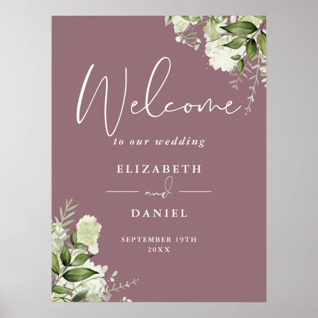 Mauve Greenery Floral Wedding Welcome Sign (Front)