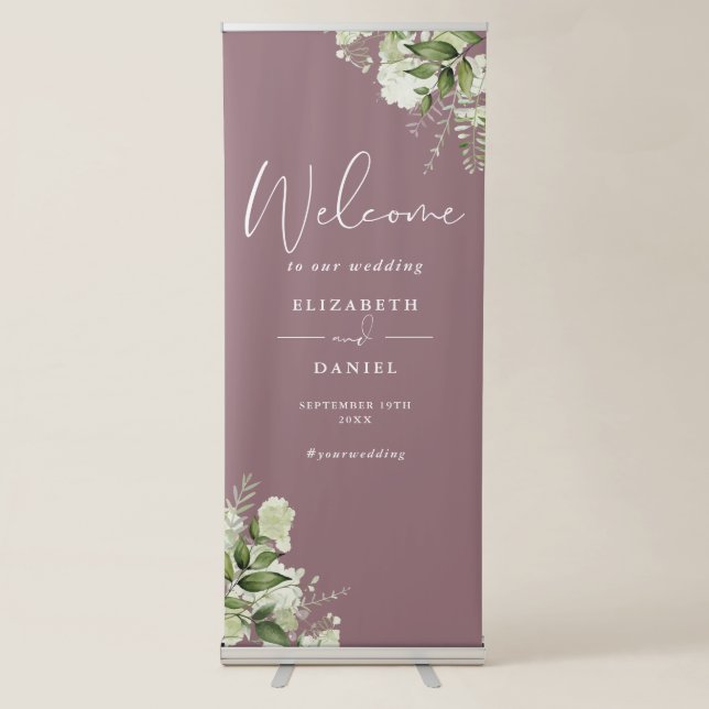 Mauve Greenery Foliage Wedding Welcome Retractable Banner (Front)
