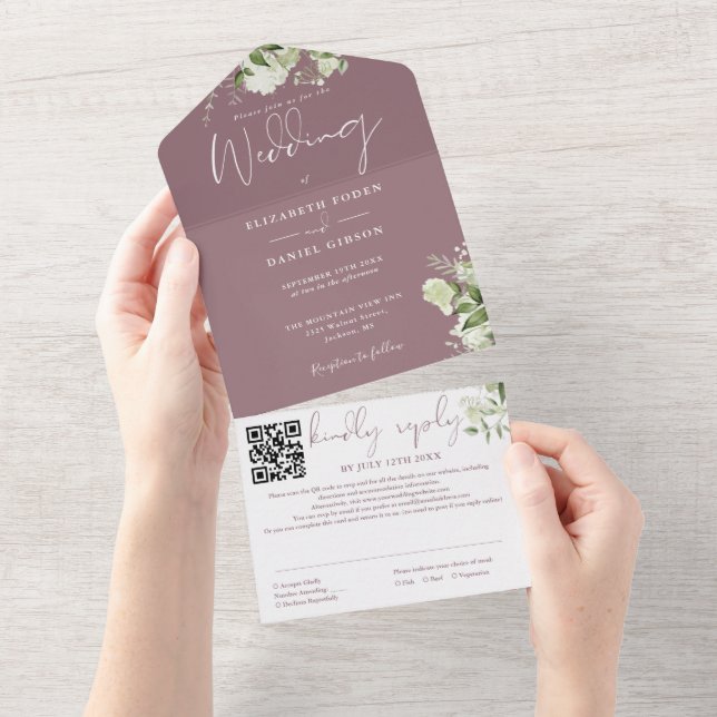 Mauve Greenery Monogram QR Code Wedding All In One Invitation (Tearaway)