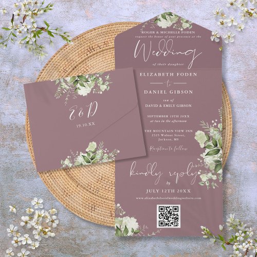 Mauve Greenery QR Code Formal Wedding All In One Invitation