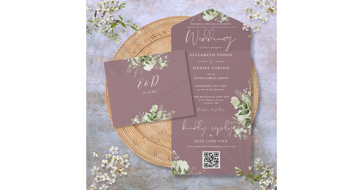 Mauve Greenery QR Code Formal Wedding All In One Invitation | Zazzle