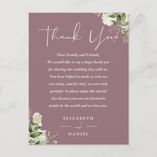 Mauve Greenery Thank You Wedding Place Card (Front)