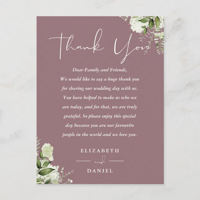 Mauve Greenery Thank You Wedding Place Card | Zazzle
