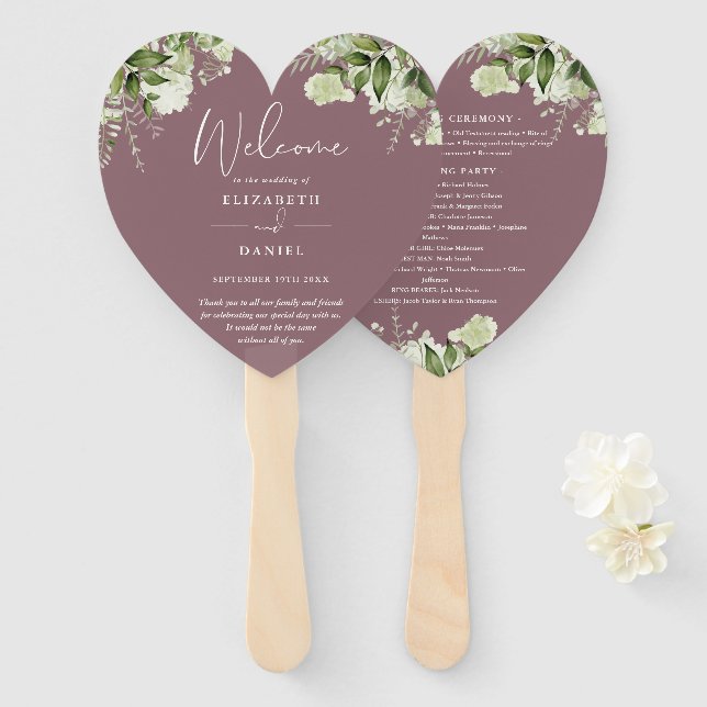 Mauve Greenery Wedding Program Heart Hand Fan (Front and Back)