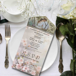 Mauve Grey Pink Cherry Blossom Photo Website All In One Invitation