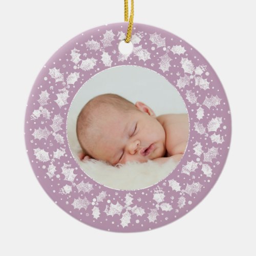 Mauve Holly Wreath Christmas Photo  Message Ceramic Ornament