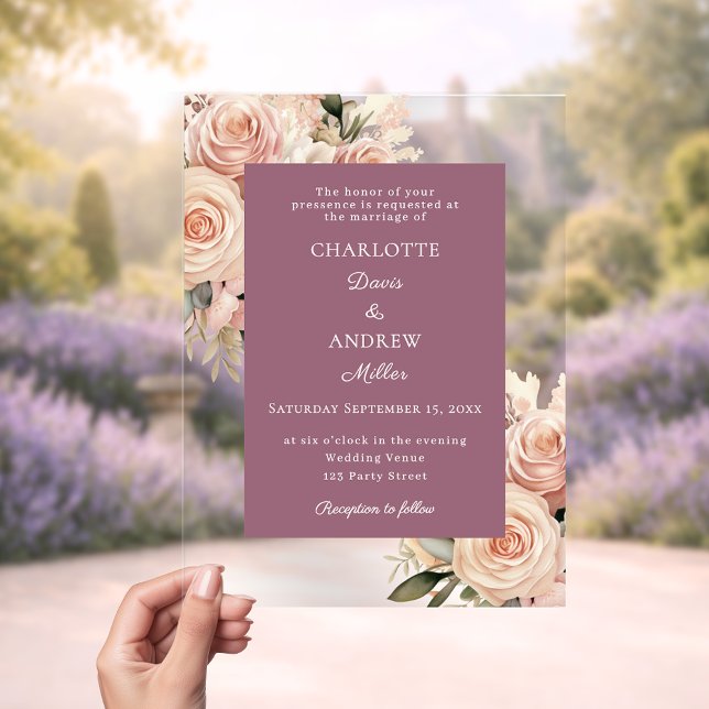 Mauve ivory dusty rose florals luxury wedding acrylic invitations (Creator Uploaded)
