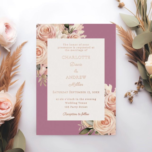Mauve ivory dusty rose florals wedding rose gold foil invitation (Creator Uploaded)