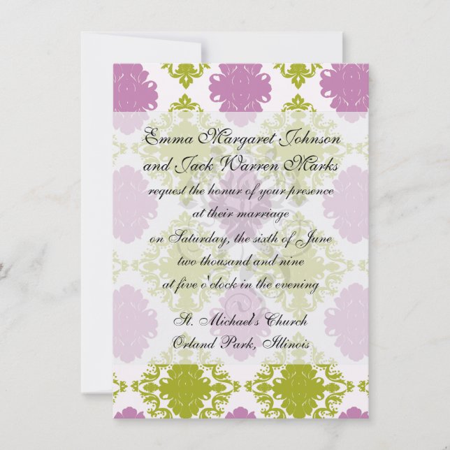 mauve lavender lime green white diamond damask invitation (Front)