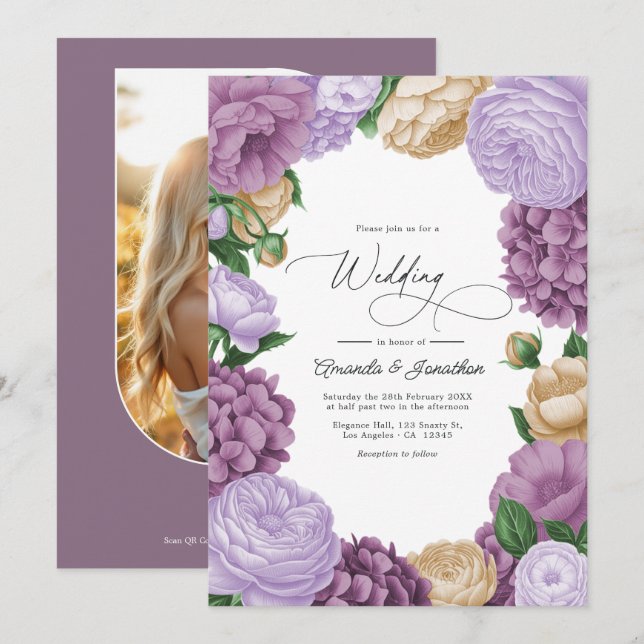 Mauve, Lavender Smoke & Champagne Floral Wedding Invitation (Front/Back)