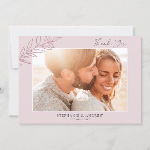 Mauve Leaf Wedding Photo Flat Thank You Card