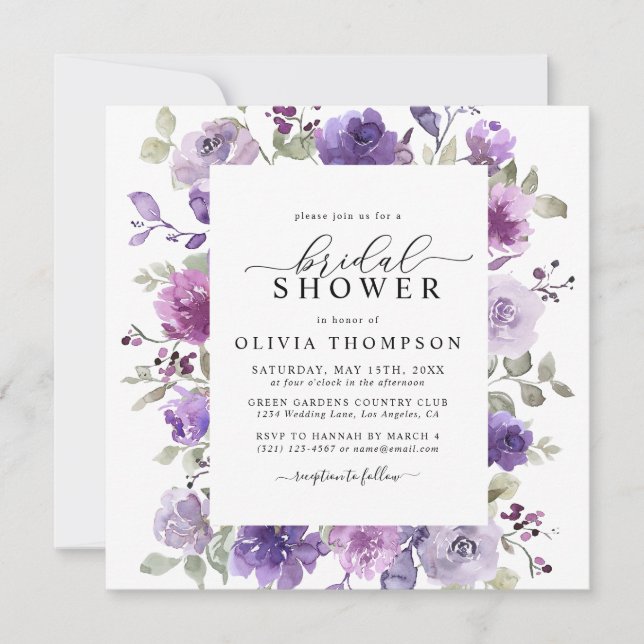 Mauve Lilac Purple Floral Watercolor Bridal Shower Invitation (Front)