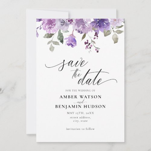 Mauve Lilac Purple Floral Watercolor Save The Date Invitation