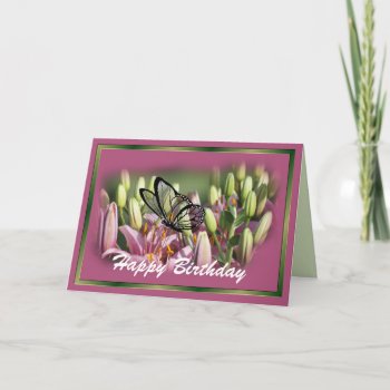 Mauve Lily With Black Lace Butterfly Card by MakaraPhotos at Zazzle
