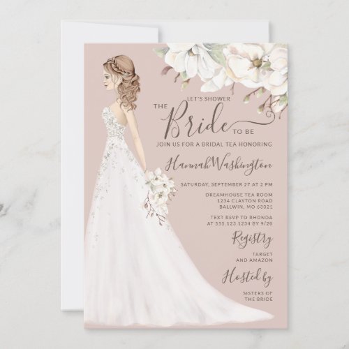Mauve Magnolia Bride in Glitter Gown Bridal Tea Invitation