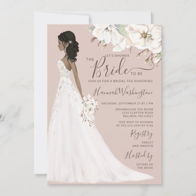 Mauve Magnolia Bride in Glitter Gown Bridal Tea Invitation (Front)