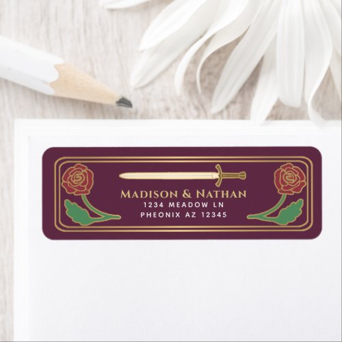 Mauve Medieval Fantasy Gold Sword Wedding Label