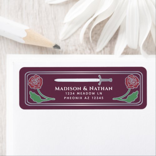 Mauve Medieval Fantasy Silver Sword Wedding Label