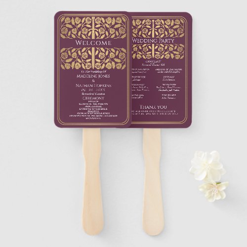 Mauve Medieval Gold Sword Royal Wedding Program Hand Fan