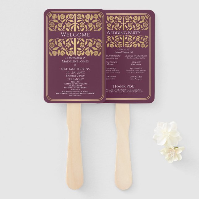 Mauve Medieval Gold Sword Royal Wedding Program Hand Fan (Front and Back)