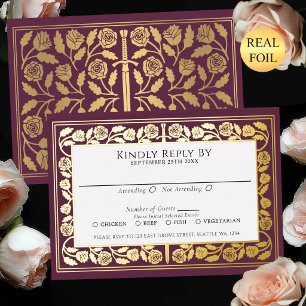 Mauve Medieval Gold Sword Royal Wedding RSVP Foil Invitation