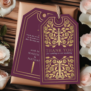 Mauve Medieval Gold Sword Wedding Thank You Gift Tags