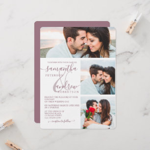 Mauve minimalist script 3 photos wedding invitation