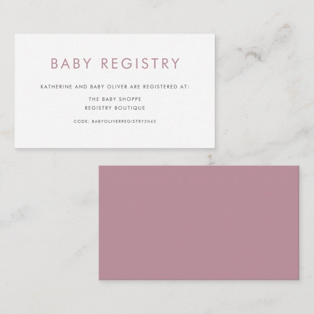 Mauve Minimalist Typography Baby Registry Enclosure Card (Front/Back)