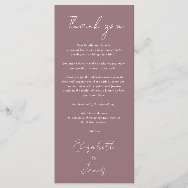 Mauve Minimalist Wedding Thank You Place Card (Front)
