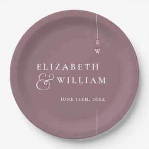 Mauve Modern Elegant Minimalist Monogram Wedding Paper Plates