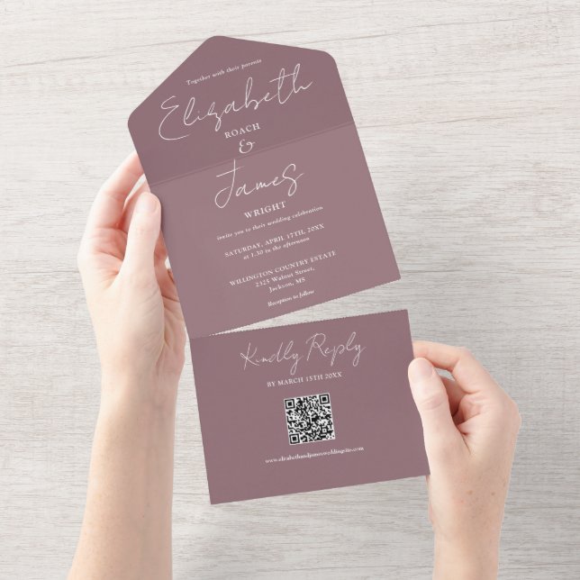 Mauve Modern Elegant Script QR Code Wedding All In One Invitation (Tearaway)