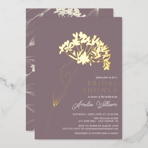 Mauve Modern Floral Bridal Shower Foil Invitation