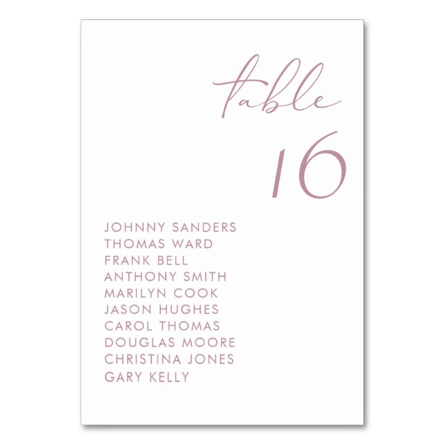 Mauve Modern Handwritten Script Wedding Table Number (Front)